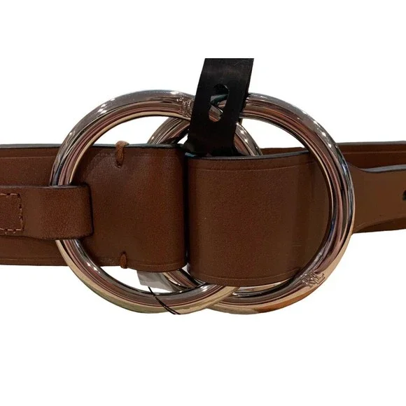 Ralph Lauren Polo Brown Leather Double Ring Belt Womens Silver Equestrian